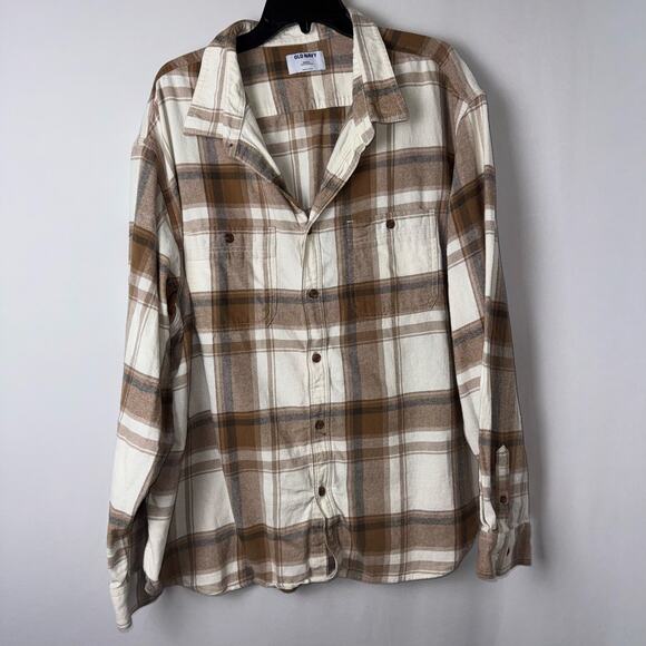 Old Navy Men’s Double-Brushed Flannel Shirt Brown Button Plaid Long Sleeve 4XL - Picture 1 of 7